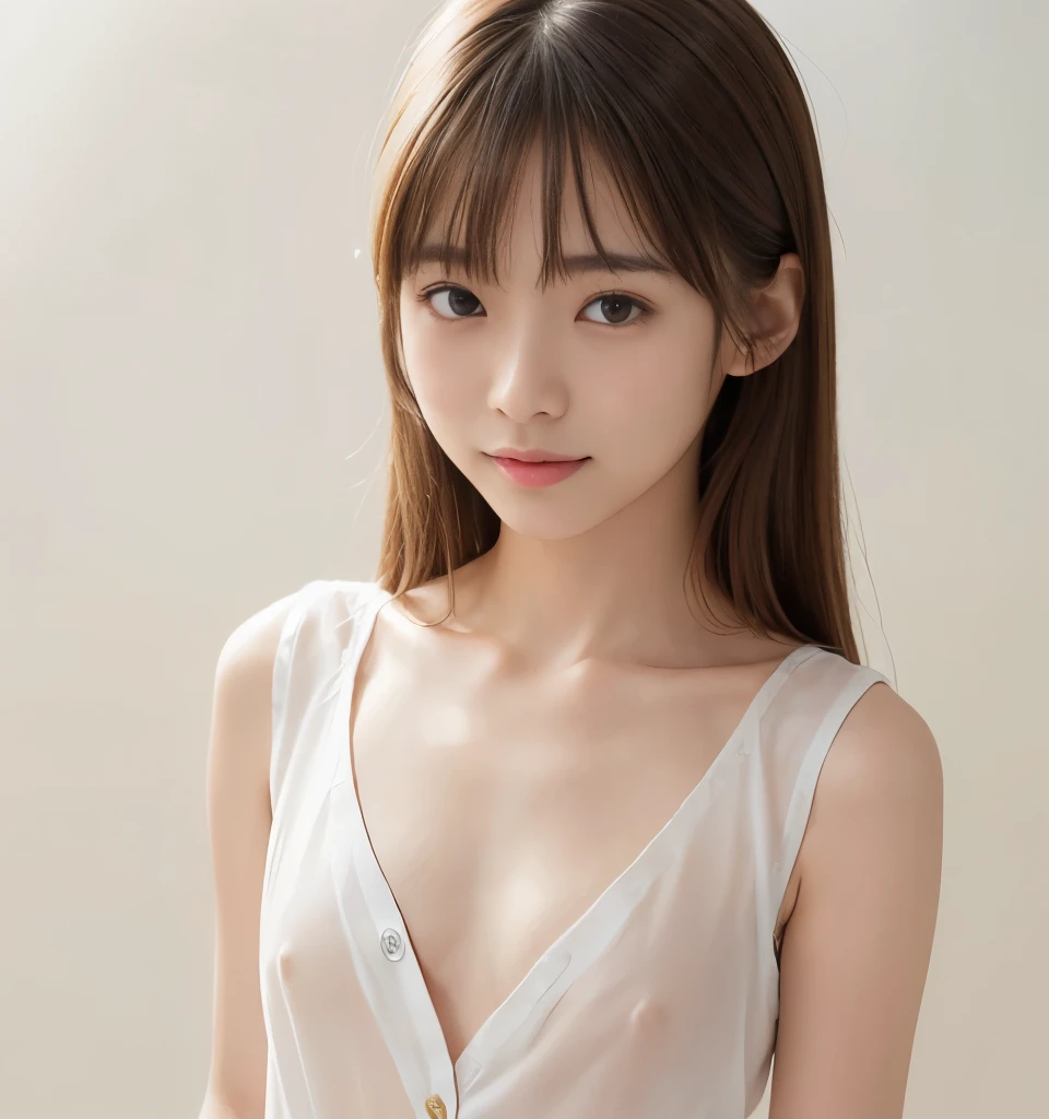 Browsing Caution、Highest quality、8k、No makeup、masterpiece、クリアなphotograph、Ultra-high resolution、Realistic、Professional Lighting、Natural light、photograph、smile、Ultra slim、Delicate body、very cute、The cutest Erina Mano、Idle class、White skin、(Small breasts:1.8、Flat Chest:1.8)、((Please wear a sleeveless white blouse:1.8、Unbutton your blouse))、(Leaning forward、Her cleavage is visible、Large erect nipples)、(Don'Don'Don'Don'Don't show your nipples:1.8、Hide your nipples:1.8)、(very good:1.8)、Wearing white panties