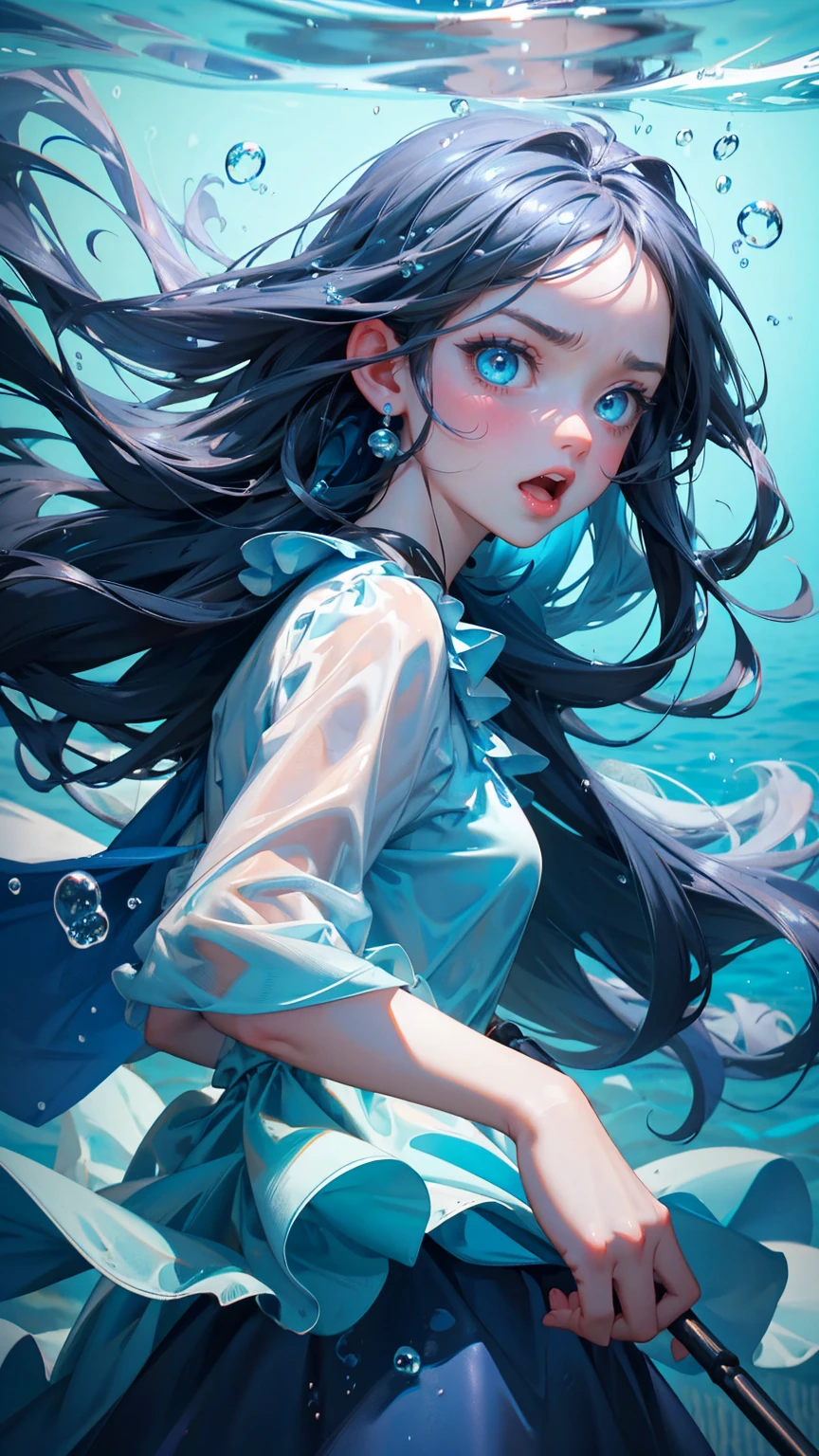 cute girl with angry emotions on face, blue dress, stuck in sea, face out of sea, surrounded by water bubbles in the sea,. surrounded by bubbles. big eyes and wide open mouth, The background of gray gradient colors features large text "stuck transaction" in front of it