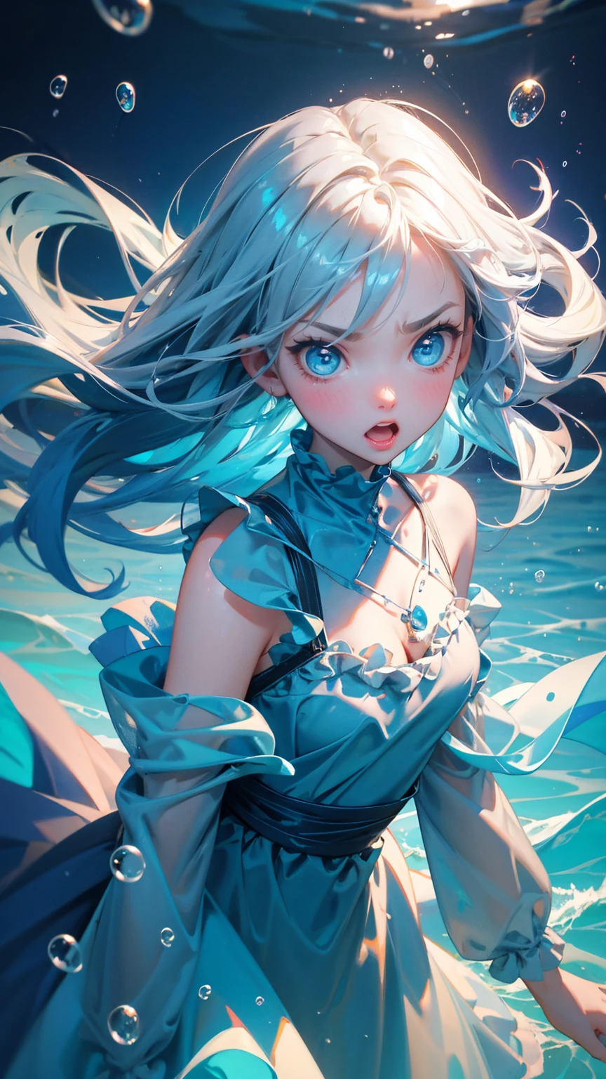 cute girl with angry emotions on face, blue dress, stuck in sea, face out of sea, surrounded by water bubbles in the sea,. surrounded by bubbles. big eyes and wide open mouth, The background of gray gradient colors features large text "stuck transaction" in front of it