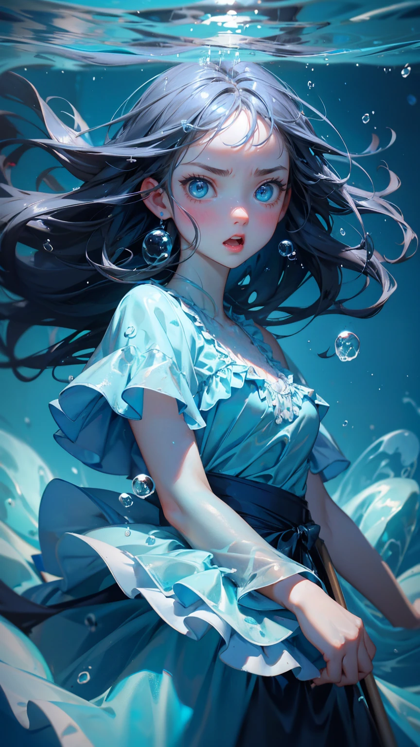 cute girl with angry emotions on face, blue dress, stuck in sea, face out of sea, surrounded by water bubbles in the sea,. surrounded by bubbles. big eyes and wide open mouth, The background of gray gradient colors features large text "stuck transaction" in front of it