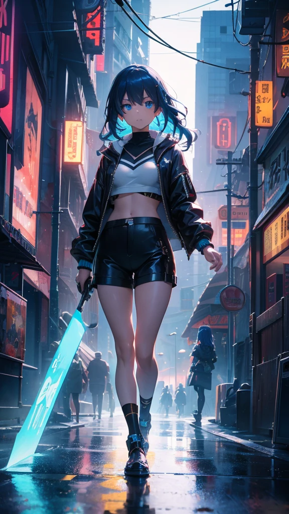 Boutique,best qualityer,gold jewelry,(slip your feet),Fairy skin,(Fidelity :1.2),standing,super verbose,realisitic,high qualiy,Film light,ray tracing,ultra HD,trunk, Girl in shorts and jacket next to a CyberPunk, trends in CGSTATION, Guweiz, Russel Dongjun Lu, cyberpunk anime digital art, ross tran 8k, Guweiz na ArtStation Pixiv, Girl blue eyes blue hair dark skin sexy body voluminous wavy hair 