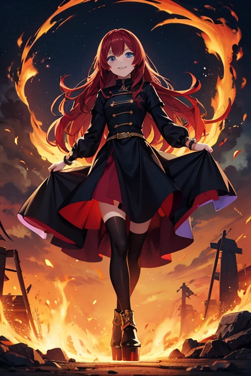 Anime Art、Full body portrait、Fantasy World Fire Wizard、A woman around 160cm tall, around 27 years old, wearing a crimson Gothic dress, walking through a burning medieval town surrounded by flames.、Long skirt that reaches the ankles、Black tights、Wavy medium length hair、Red hair、Wicked Smile、Creepy Smile、unpleasant laughter、Open-mouthed and laughing like crazy、Bossy smile、Tree Eyes、Eyes wide open、Small eyes、Blue Eyes、Platform boots、Gold Bracelet