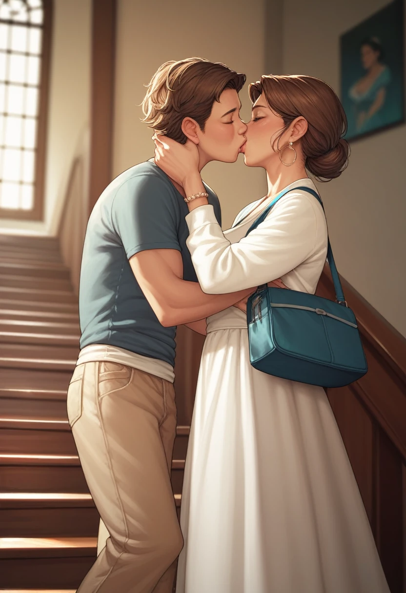 score_9, score_8_up, score_7_up, source_anime, 1women , 1girl, mature female, mother and son, ???, kiss, on a stairs,
