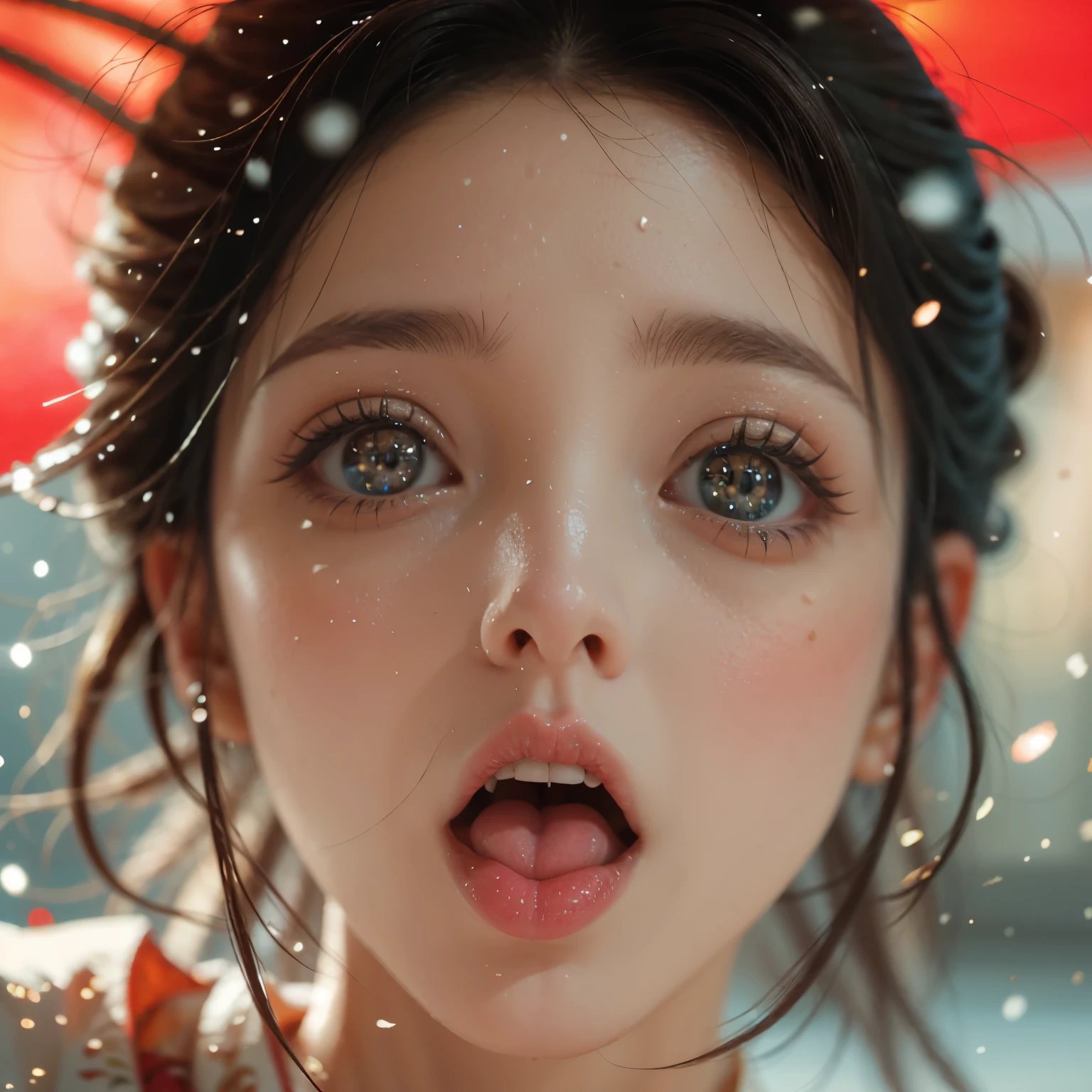 ExtremelyDetailed Kawaii girl Face,(Close-up big lips), glossy lips with beautiful details, Coquettish tongue, Kissing to camera, towards the viewer, 8K TopQuality masterpiece,an extremely delicate and beautiful (ProfessionalPhoto:1.37), Amazing,finely detail,official art,incredibly absurdres,ultra-detailed,close-up shot, close up, (fish eye lens), wide lens, macro lens, Detailed brilliant reflective Eyes ElaboratePupils with (sparkling highlights:1.28) (Delicate Voluminous LongEyelashes:0.88), (offshoulder cum on tongue) snow particles
