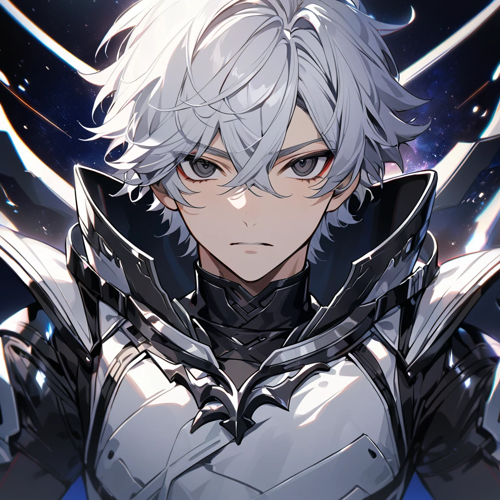 High quality, HD, 4k, no shadows, handsome male, 1male, , teenager, shwhite hair, sharp eyes, black colored eyes, deep black eyes, black eyes, devil may cry, close up, calm expression, stoic expression, black leather clothes, white leather clothing, lean body, well trained body, upper body, looking at viewer, cowboy shot, white solar, space background