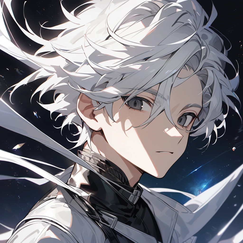High quality, HD, 4k, no shadows, handsome male, 1male, 17 years old, teenager, short white hair, sharp eyes, black colored eyes, deep black eyes, black eyes, devil may cry, close up, calm expression, stoic expression, black leather clothes, white leather clothing, lean body, well trained body, upper body, looking at viewer, cowboy shot, white solar, space background