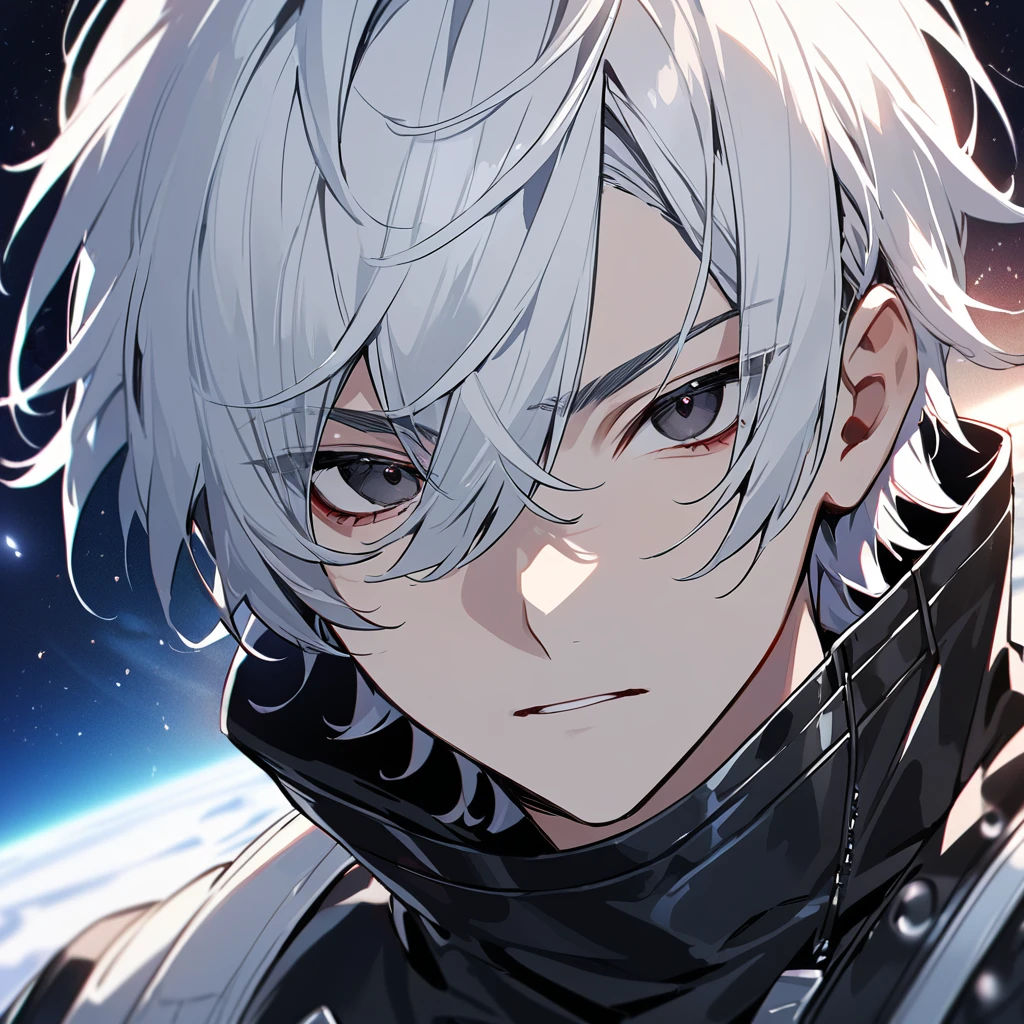 High quality, HD, 4k, no shadows, handsome male, 1male, 17 years old, teenager, short white hair, sharp eyes, black colored eyes, deep black eyes, black eyes, devil may cry, close up, calm expression, stoic expression, black leather clothes, white leather clothing, lean body, well trained body, upper body, looking at viewer, cowboy shot, white solar, space background