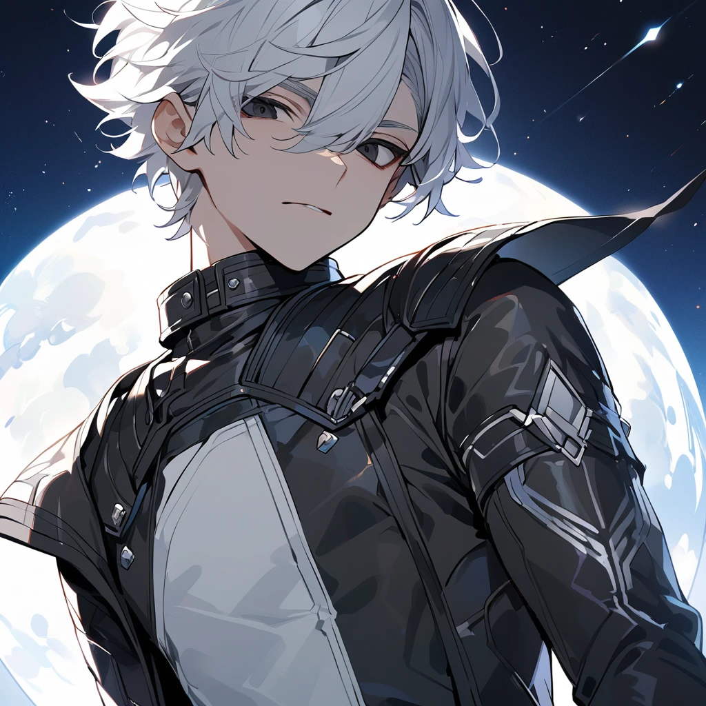 High quality, HD, 4k, no shadows, handsome male, 1male, 17 years old, teenager, short white hair, sharp eyes, black colored eyes, deep black eyes, black eyes, devil may cry, close up, calm expression, stoic expression, black leather clothes, white leather clothing, lean body, well trained body, upper body, looking at viewer, cowboy shot, white solar, space background