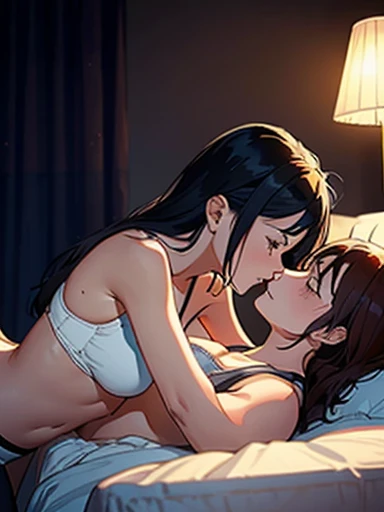 Two lesbian girls kissing, shoulders and neck, sweaty, hot, hugs, sexy for, of, , stayed, bedroom, Beds, in beds, dark camera, a lamp, lie down, way a way