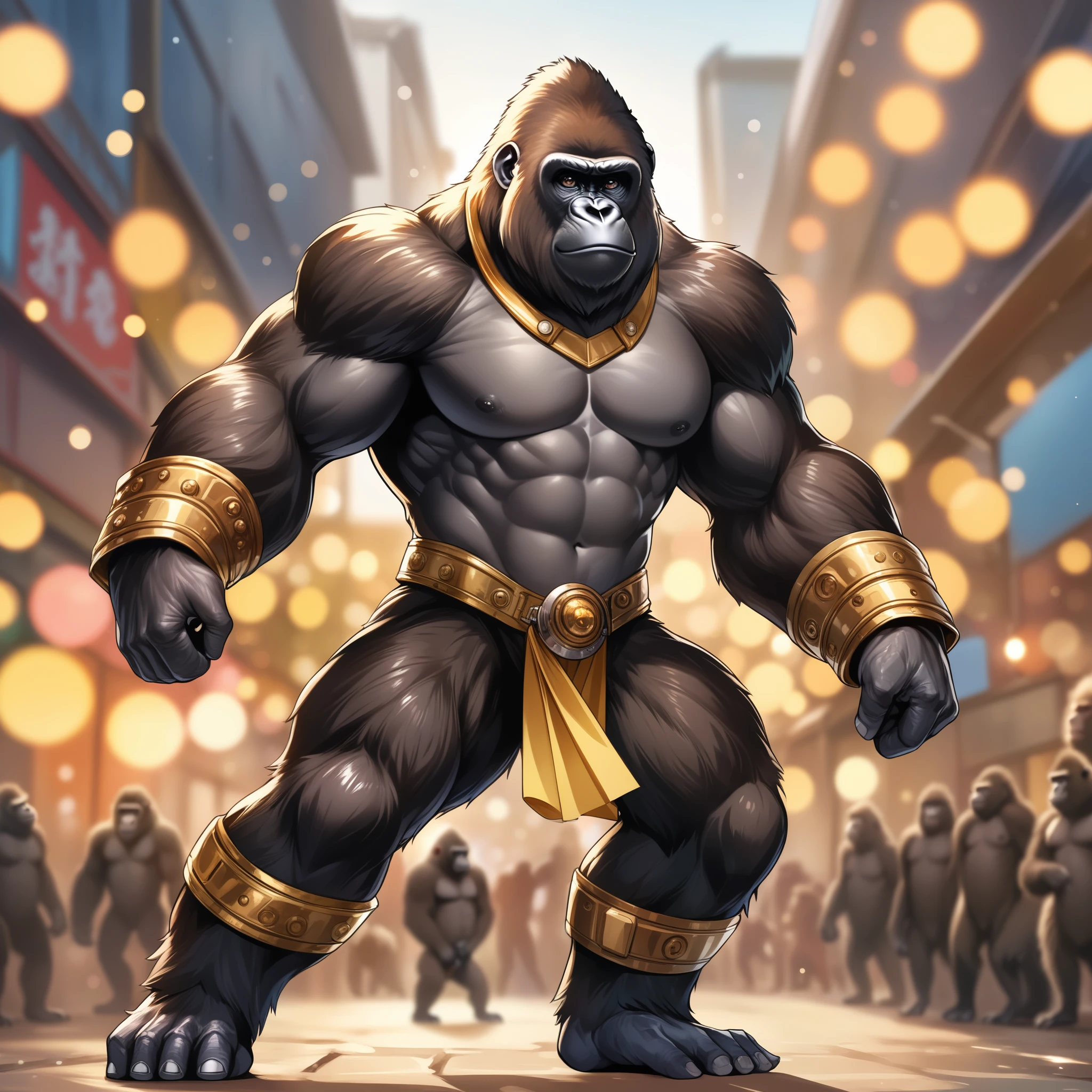 8K, RAW, best quality, masterpiece, ultra high res, colorful, full body portrait, (medium wide shot), (dynamic perspective), sharp focus , (depth of field, bokeh:1.3), extremely detailed eyes and face, beautiful detailed eyes, 
Male monkey, gorilla, Wearing machine armor、He has a huge hammer, The hammer has a banana-shaped motif, Bipedal, Slender, musculine, fullllbody, a white background, without background,No Abandonment,　padding:1em