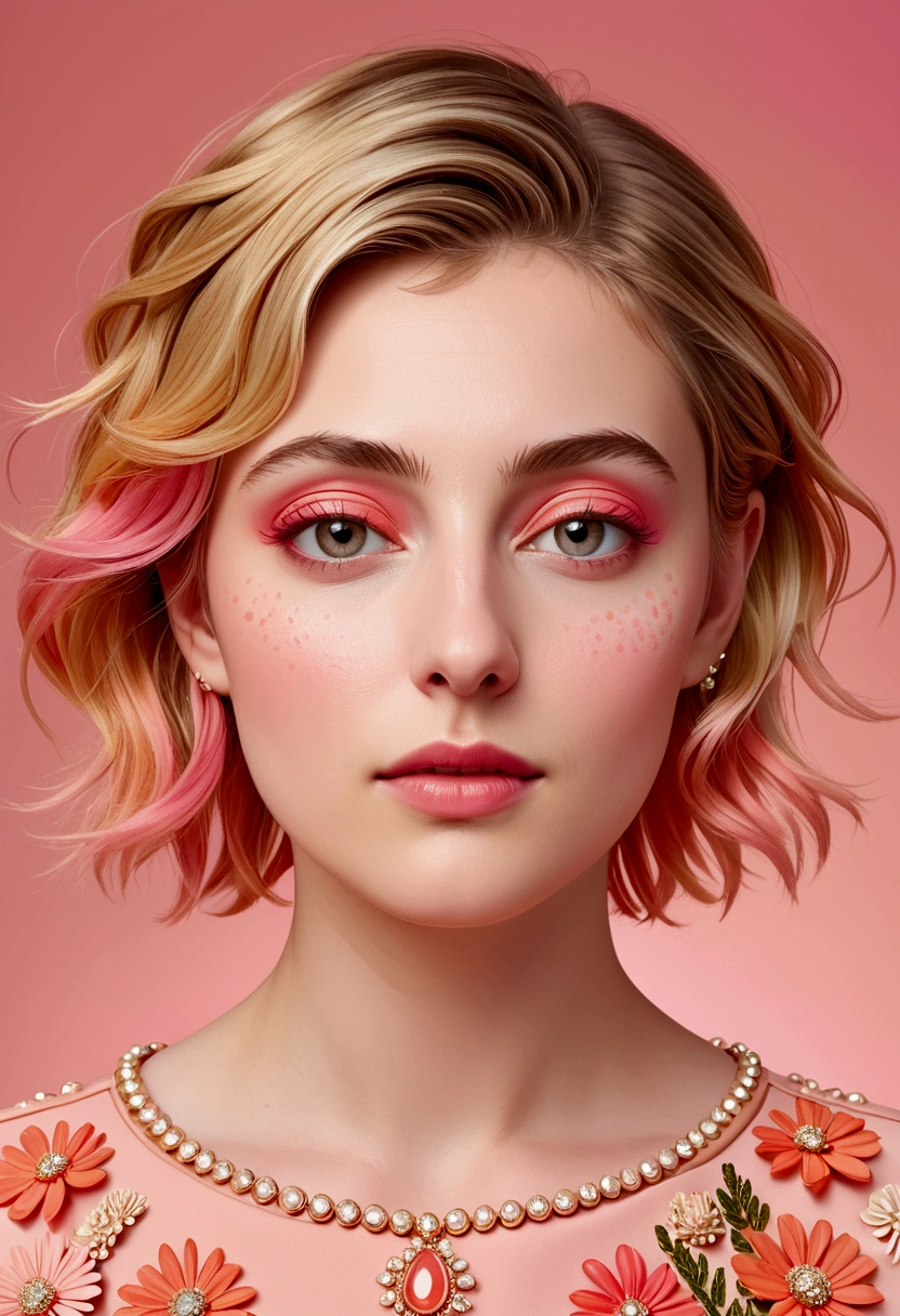 A woman with fresh, contemporary makeup inspired by Greta Gerwig, utilizing light, fresh colors. Her face is adorned with pinks, corals, and light browns, with minimal makeup and a dewy finish for a natural, youthful appearance