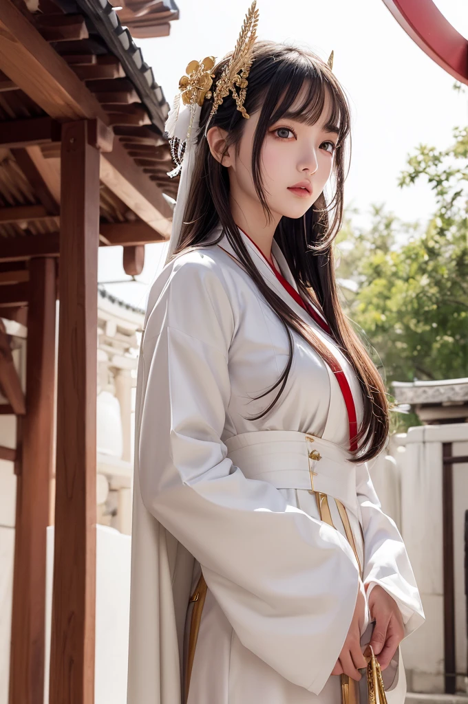 White hunting uniform, red straight lines on white outfit, a shinto shrine maiden, detailed face, detailed eyes, detailed lips, long straight brown hair, gold simple thin hair band, conservative outfit, holding silver scissors, standing in a shrine courtyard, upper body closeup, high quality, digital art, photorealistic, dramatic lighting, cinematic, masterpiece