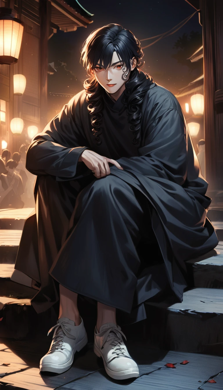 photo of the anime male character named "toge inumaki" in the film "jujutsu kaisen" with short, curly black hair, black jujutsu kaisen shirt with a long collar and black trousers, white shoes, medium sitting semanari. enjoy the moonlight. with a realistic feel.