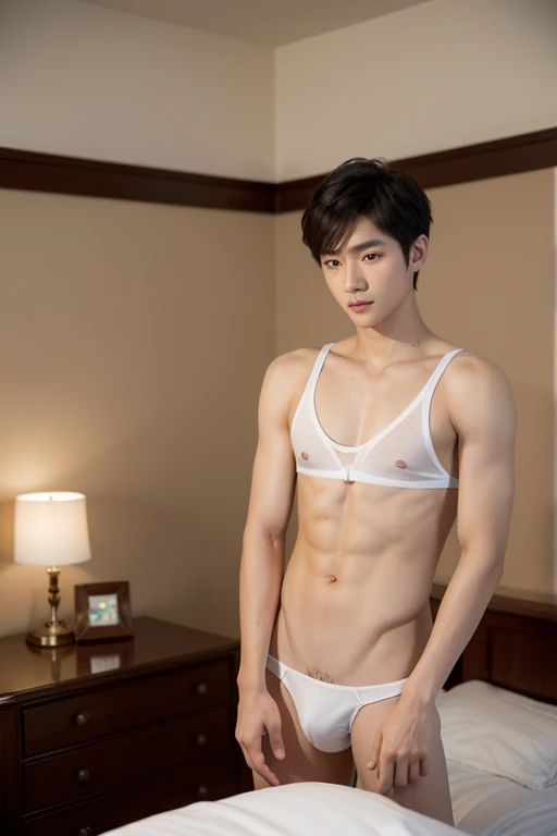 1 boy, A handsome Thai man with the body of a high school student.,(thin:1.4), !, wearing sexy white wet micro thongs, Big relief,Looks very young, sexy, Beaming, confident, misbehave, cute, short hair, , Glowing skin, detailed hands, stand and relax, In the bedroom, a masterpiece, best quality, height, nonsense, Convex J8, realistic