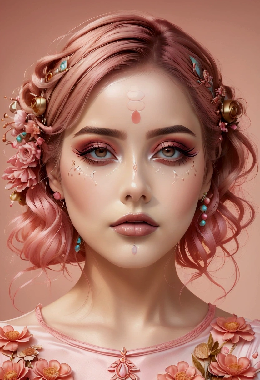 A woman with fresh, contemporary makeup inspired by Greta Gerwig, utilizing light, fresh colors. Her face is adorned with pinks, corals, and light browns, with minimal makeup and a dewy finish for a natural, youthful appearance
