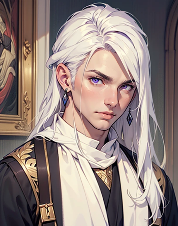 ((masterpiece)), (((best quality))), 1 male, pale white skin, long white hair, handsome man, violet eyes, earrings, realistic medieval clothing, portrait, detailed face, highest quality, highly detailed, original, high resolution CG Unit 8k wallpaper, (best quality, artwork, masterpiece, 4k)