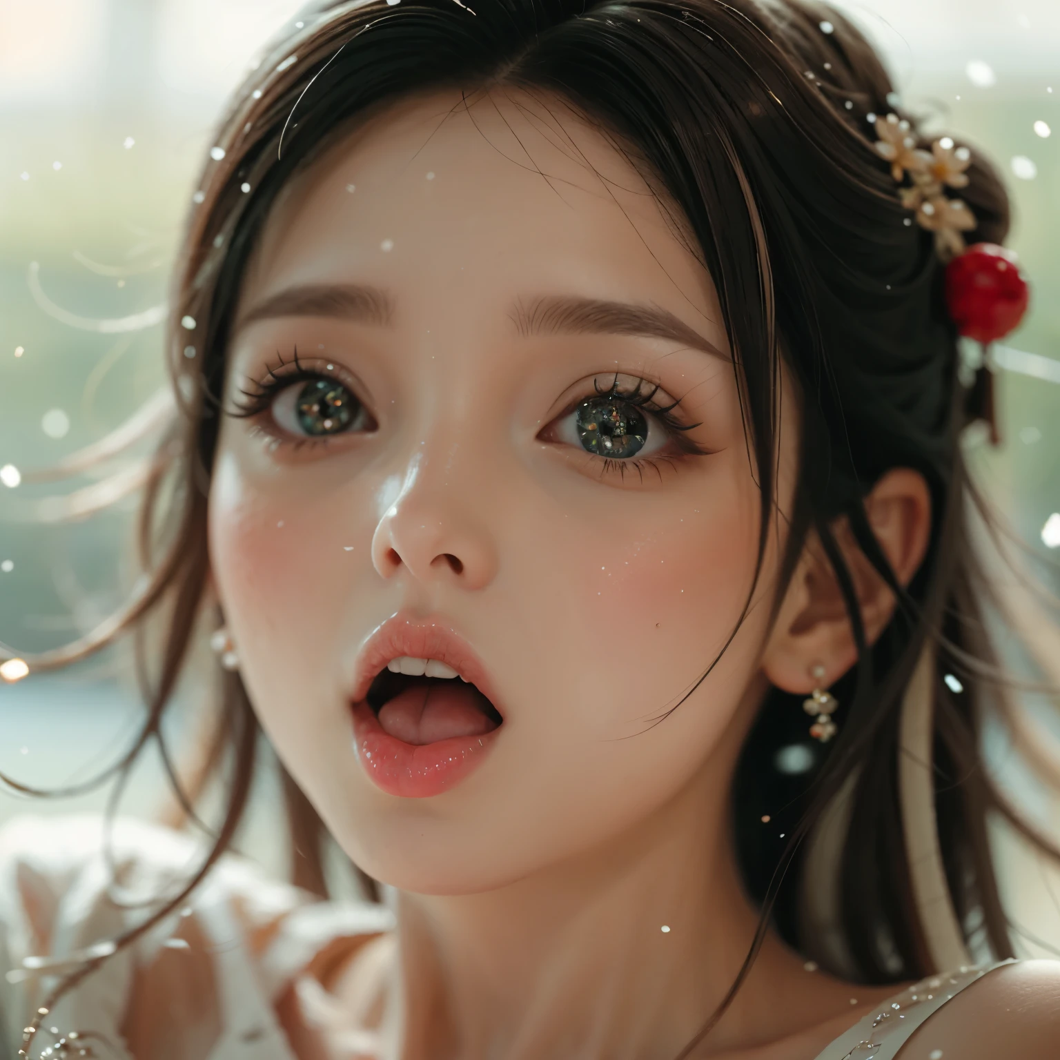 ExtremelyDetailed Kawaii girl Face,(Close-up big lips), glossy lips with beautiful details, Coquettish tongue, Kissing to camera, towards the viewer, 8K TopQuality masterpiece,an extremely delicate and beautiful (ProfessionalPhoto:1.37), Amazing,finely detail,official art,incredibly absurdres,ultra-detailed,close-up shot, close up, (fish eye lens), wide lens, macro lens, Detailed brilliant reflective Eyes ElaboratePupils with (sparkling highlights:1.28) (Delicate Voluminous LongEyelashes:0.88), (offshoulder Dripping juice on tongue) snow particles
