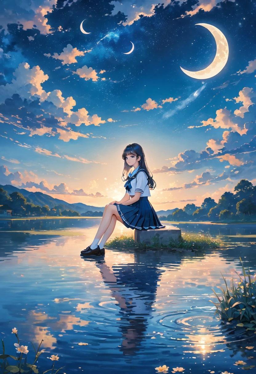 the crescent and girl is sitting under the moon on a lake, 1girl, solo, sky, skirt, school uniform, crescent moon, sitting, moon, long hair, star (sky), serafuku, water, blue skirt, cloud, blue eyes