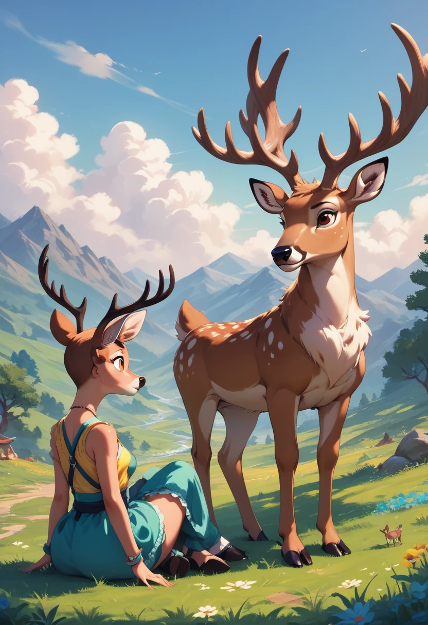 High-resolution photos，A  sits next to a giant seven-colored deer