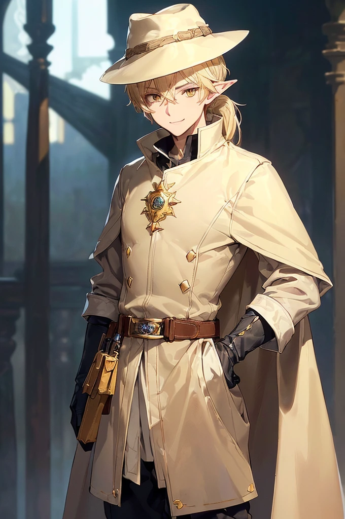 (((masterpiece; best quality: 1.2))), (finely detailed eyes: 1.3), (25 year old elf man), (solo), (yellow eyes: 1.4), (body; toned, fit, masculine: 1.3), (silky blonde hair in low ponytail: 1.3), (beautiful and clear background: 1.2), ((depth of field)), (equipment: adventurer garb + modest + elegant wide-brimmed hunter hat + beige overcoat + shirt + long black slanted cape + black pants + gloves + belt + pouches: 1.3), (anime illustration: 1.2), (background composition; royal garden: 1.1), (extremely fine and handsome: 1.1), (shot composition; standing + centered on torso + close-up: 1.5), (expression; calm, smile: 1.2)