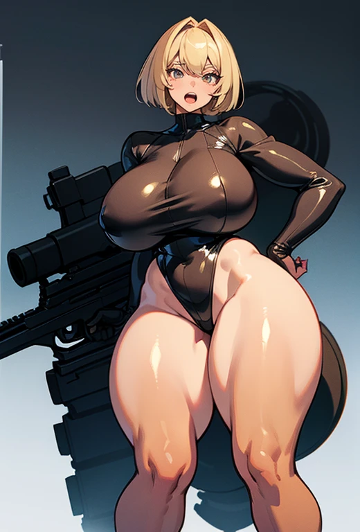 Young girl, Pullover, black latex high cut leotard, whole body to see, open mouth, smile , scream, bob hair , blonde, (( very wide hips)), (((colossal Thighs, gigantic thighs, very huge thighs, very big thighs))), fullbody, platform heels, tanned , brown skin, very Big breast, gun, cyberpunk, soldier girl , black hair, látex stockings,