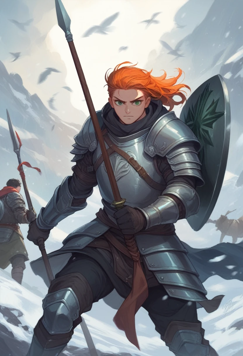 black haired anime boy with hood and armor wielding a pitch black sword in the snow, accompanied by an orange haired anime girl with green eyes in nordic armor and a spear and shield in her hand, 4k