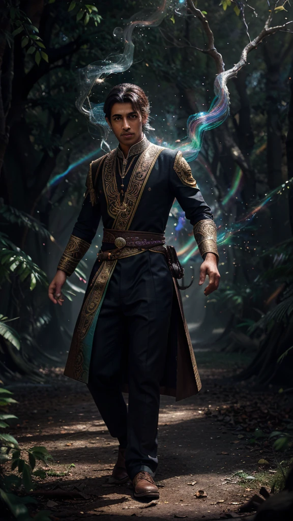 Surreal portrait of Muslim man with magic tree roots and fantasy effects:
- Young man wearing a peci and traditional Muslim clothing - Dark background with colorful smoke effects - Large multi-colored tree roots floating around the head - Giant leaves in rainbow colors in front of the body - A combination of roots and leaves twining and floating around - Ribbons and the colorful ropes are still there, mixed with roots - Glowing and twinkling particle effects - Digital art style with bright colors and high contrast - Magical and ethereal feel - Very sharp and realistic details - Dramatic lighting highlights the main subject Style: Fantasy digital art, Photorealistic, studio lighting