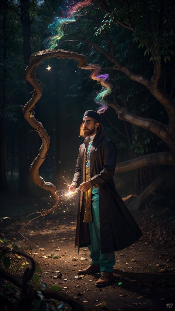 Surreal portrait of Muslim man with magic tree roots and fantasy effects:
- Young man wearing a peci and traditional Muslim clothing - Dark background with colorful smoke effects - Large multi-colored tree roots floating around the head - Giant leaves in rainbow colors in front of the body - A combination of roots and leaves twining and floating around - Ribbons and the colorful ropes are still there, mixed with roots - Glowing and twinkling particle effects - Digital art style with bright colors and high contrast - Magical and ethereal feel - Very sharp and realistic details - Dramatic lighting highlights the main subject Style: Fantasy digital art, Photorealistic, studio lighting