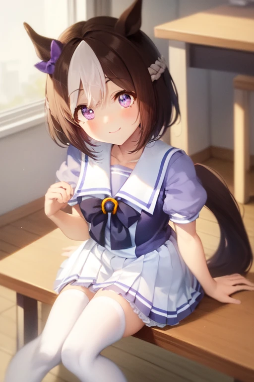 special_week_\(umamusume\), natsufuku, pleated skirt, puffy short sleeves, purple bow, white skirt, sailor collar, sailor shirt, tracen , sitting, from above, white thighhighs, looking at viewer, windows, horse tail, smile, head tilt, inside classroom, school, best quality 
