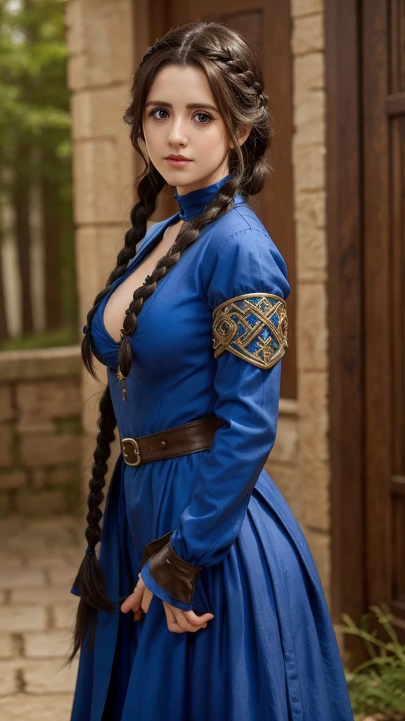 Laura Marano, black hair, blue eyes, medieval fantasy、Northern Europe、Big breasts、Light braiding、Clothes that show a little cleavage、A strong-looking face、noble、One person、Tying up hair、Big Breasts、whole body、