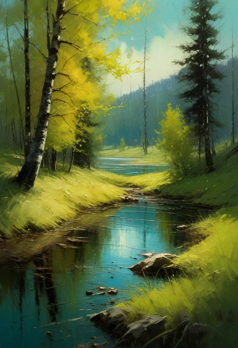 Jeremy Mann. (Nature and Landscapes painting) (Masterpiece, Best Quality, Impasto, Best Quality painting ), Impasto oil painting, textured. Saturated deep colors. High contrast. Detail. Multi-layered image with cellular shadows. Beautiful Landscapes, Artistic gradation in dimensions, A view of a lake in Canada Perfect Nature, Canada wildlife and nature landscapes, maple trees, maple leaves, Grassland, Spring vibrant colors, especially featuring local flora and fauna, golden ratio, award-winning, highly detailed, centered, drawn, complex, volumetric lighting, beautiful, masterpiece, depth of field, perfect composition, high resolution 8K, palette knife and brush strokes, Artistic style Ivan Shishkinl artist.