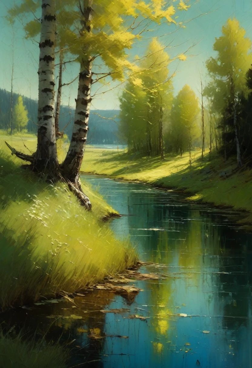Jeremy Mann. (Nature and Landscapes painting) (Masterpiece, Best Quality, Impasto, Best Quality painting ), Impasto oil painting, textured. Saturated deep colors. High contrast. Detail. Multi-layered image with cellular shadows. Beautiful Landscapes, Artistic gradation in dimensions, A view of a lake in Canada Perfect Nature, Canada wildlife and nature landscapes, maple trees, maple leaves, Grassland, Spring vibrant colors, especially featuring local flora and fauna, golden ratio, award-winning, highly detailed, centered, drawn, complex, volumetric lighting, beautiful, masterpiece, depth of field, perfect composition, high resolution 8K, palette knife and brush strokes, Artistic style Ivan Shishkinl artist.