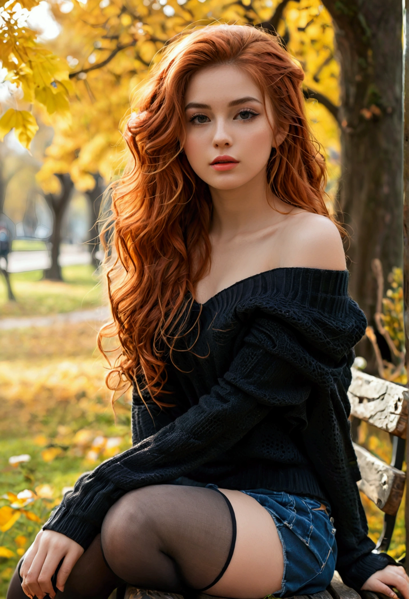 (full body shot:1.1) photorealistic image of a (standing pose:1.1) woman, ultra realistic, photography, long red hair, girl, 24 years old, hourglass figure, perfect body, Flirty look, natural medium breasts, blur background, glossy lips, ((shorts, tights, off-shoulder sweater)), sitting crossed legs on bench, in park, she wears black boots, full body picture, full body, full body shot, wide angle, wide angle picture, wide angle shot, perfect hands