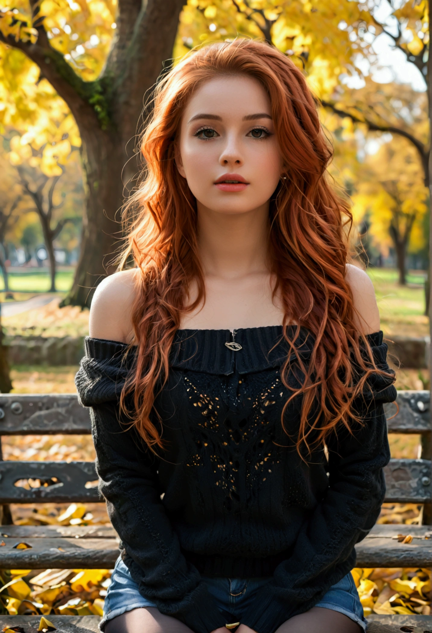 (full body shot:1.1) photorealistic image of a (standing pose:1.1) woman, ultra realistic, photography, long red hair, girl, 24 years old, hourglass figure, perfect body, Flirty look, natural medium breasts, blur background, glossy lips, ((shorts, tights, off-shoulder sweater)), sitting crossed legs on bench, in park, she wears black boots, full body picture, full body, full body shot, wide angle, wide angle picture, wide angle shot, perfect hands