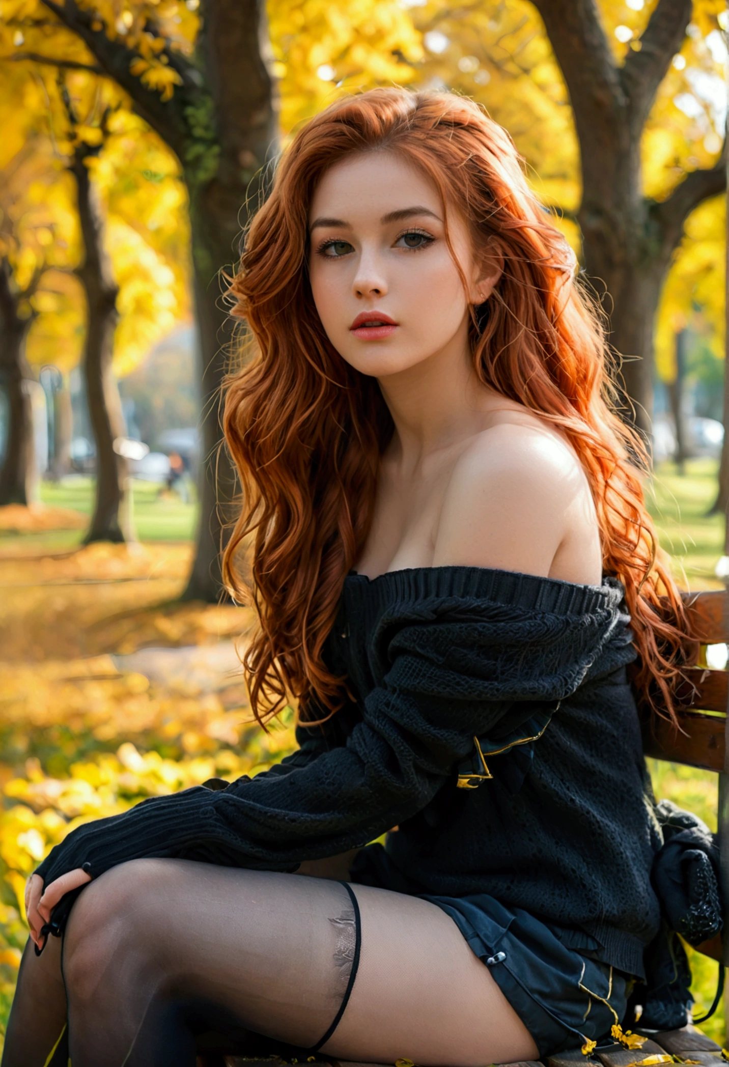 (full body shot:1.1) photorealistic image of a (standing pose:1.1) woman, ultra realistic, photography, long red hair, girl, 24 years old, hourglass figure, perfect body, Flirty look, natural medium breasts, blur background, glossy lips, ((shorts, tights, off-shoulder sweater)), sitting crossed legs on bench, in park, she wears black boots, full body picture, full body, full body shot, wide angle, wide angle picture, wide angle shot, perfect hands 