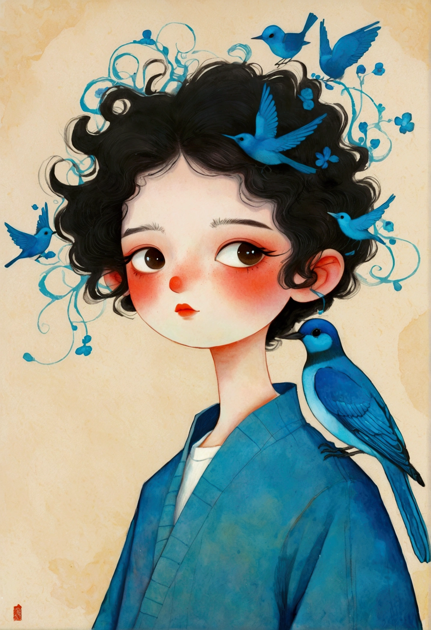 Drawing of a boy with a blue bird on his head, Beeple 和 Jeremiah Ketner, Inspired by Marco Mazzoni, Blue Head, james jean 和 wlop, Inspired by Tran Nguyen, Beksiński 和 James Jean, Michael Shapcott, Mixed media illustration, anton semenov, yuri shwedoff and tom bagshaw, Bekzinski