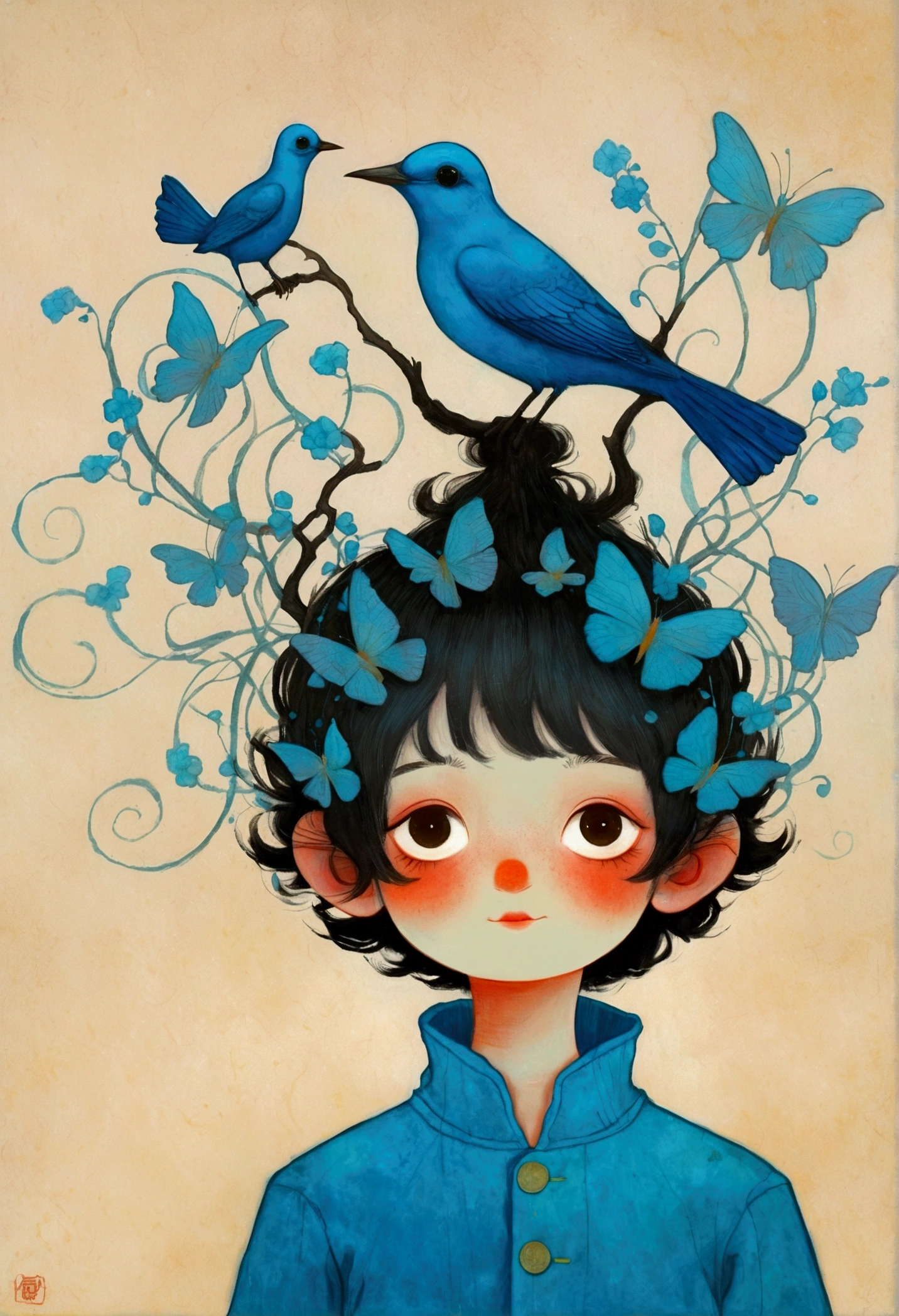 Drawing of a boy with a blue bird on his head, Beeple 和 Jeremiah Ketner, Inspired by Marco Mazzoni, Blue Head, james jean 和 wlop, Inspired by Tran Nguyen, Beksiński 和 James Jean, Michael Shapcott, Mixed media illustration, anton semenov, yuri shwedoff and tom bagshaw, Bekzinski
