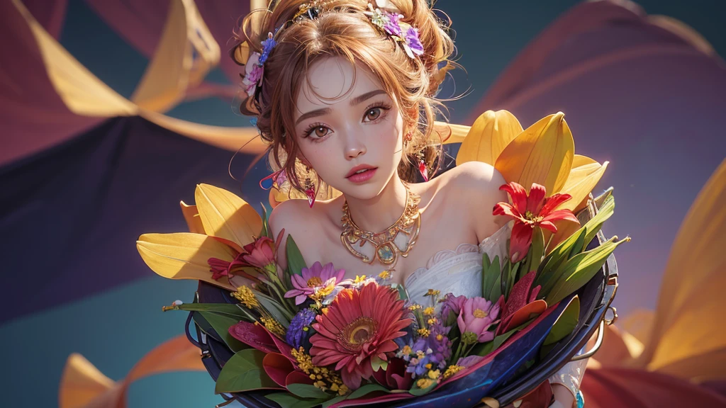 32K, 最高quality, 最高masterpiece, (ultra-Detailed Background, Detailed Background), High resolution, Super detailed, Very detailedな, One girl, (bouquet:1.3), (Tangled:1.2), (Geometric:1.2),(colorful),(masterpiece, quality, best quality, Official Art, Beautiful and beautiful:1.2), (1 girl:1.3), Very detailed,(colorful:1.1)(Flowers:1.3),Most detailed,(Tangled:1.2), whole body, (Abstract background:1.3), (Skin glows), (Many colors:1.4), ,(Earrings Jewelry:1.5), Pale Red Background,