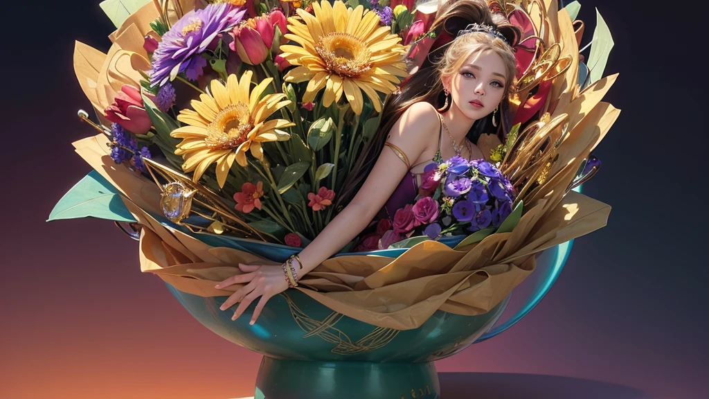 32K, 最高quality, 最高masterpiece, (ultra-Detailed Background, Detailed Background), High resolution, Super detailed, Very detailedな, One girl, (bouquet:1.3), (Tangled:1.2), (Geometric:1.2),(colorful),(masterpiece, quality, best quality, Official Art, Beautiful and beautiful:1.2), (1 girl:1.3), Very detailed,(colorful:1.1)(Flowers:1.3),Most detailed,(Tangled:1.2), whole body, (Abstract background:1.3), (Skin glows), (Many colors:1.4), ,(Earrings Jewelry:1.5), Pale Red Background,