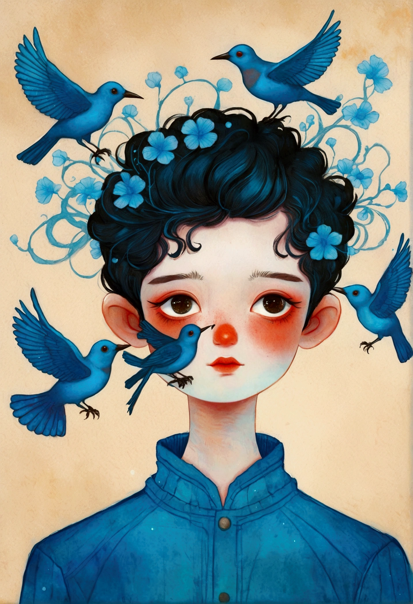 Drawing of a boy with a blue bird on his head, Surrealism inspired by Marco Mazzoni, tumblr, Pop surrealism, Beeple 和 Jeremiah Ketner, Blue Head, james jean 和 wlop, Beksiński 和 James Jean, Michael Shapcott, Mixed media illustration, anton semenov, yuri shwedoff and tom bagshaw