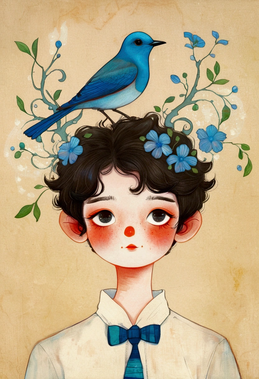 Drawing of a boy with a blue bird on his head, Surrealism inspired by Marco Mazzoni, tumblr, Pop surrealism, Beeple 和 Jeremiah Ketner, Blue Head, james jean 和 wlop, Beksiński 和 James Jean, Michael Shapcott, Mixed media illustration, anton semenov, yuri shwedoff and tom bagshaw