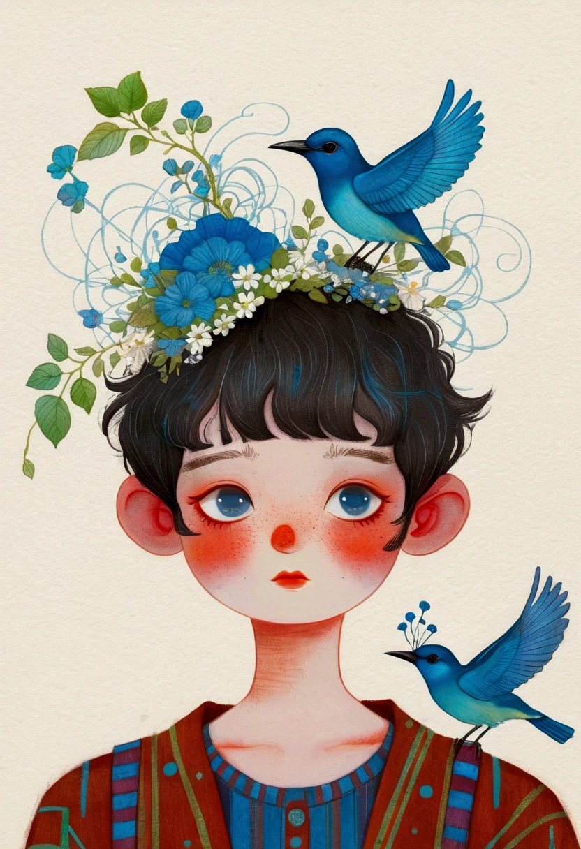 Drawing of a boy with a blue bird on his head, Surrealism inspired by Marco Mazzoni, tumblr, Pop surrealism, Beeple 和 Jeremiah Ketner, Blue Head, james jean 和 wlop, Beksiński 和 James Jean, Michael Shapcott, Mixed media illustration, anton semenov, yuri shwedoff and tom bagshaw