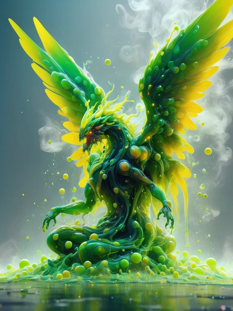 a highly detailed and intricate biocymecha creature with large, graceful wings, full body view, surrounded by swirling smoke and floating bubbles, vibrant acidic lime green color palette, (best quality,4k,8k,highres,masterpiece:1.2),ultra-detailed,(realistic,photorealistic,photo-realistic:1.37),hdr,uhd,studio lighting,ultra-fine painting,sharp focus,physically-based rendering,extreme detail description,professional,vivid colors,bokeh,concept art