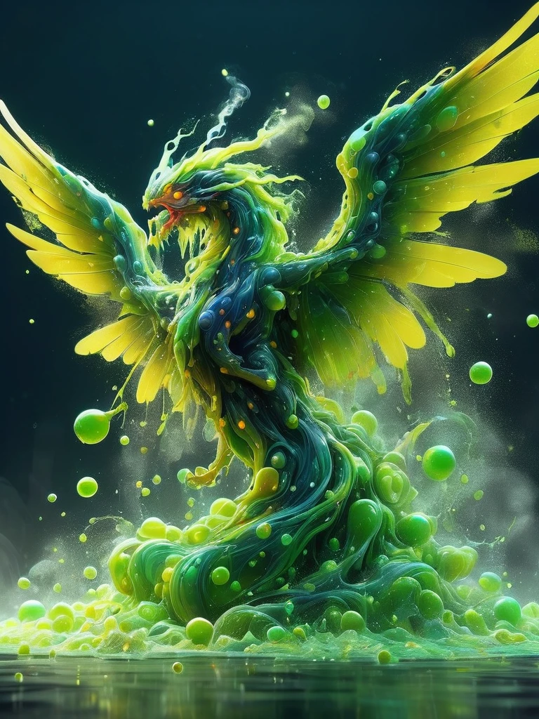 a highly detailed and intricate biocymecha creature with large, graceful wings, full body view, surrounded by swirling smoke and floating bubbles, vibrant acidic lime green color palette, (best quality,4k,8k,highres,masterpiece:1.2),ultra-detailed,(realistic,photorealistic,photo-realistic:1.37),hdr,uhd,studio lighting,ultra-fine painting,sharp focus,physically-based rendering,extreme detail description,professional,vivid colors,bokeh,concept art