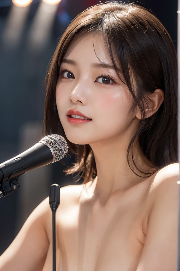 (masterpiece:1.3), high resolution, ultra detailed, extremely detailed CG unity 8k wallpaper, realistic, photo-realistic, RAW photo, beautiful detailed face, pale skin, realistic glistening skin, detailed cloth texture, detailed hair texture, Perfect body, Beautiful Face, accurate, Anatomically correct, Highly detailed face and skin texture, natural neck length, (beautiful hands), (fair skin:1.1), (well-aligned teeth:1.1), (Sweaty skin:1.2),
BREAK,
Detailed eyes, symmetric eyes, Light Brown eyes, Double eyelids, Thin eyebrows, (Glossy lips:1.4), ((A face with waiting for a kiss:1.2)), (blush:1.1), (A sparkling small hair accessory:1.1), (beautiful smile:1.1), (having microphone:1.3),
BREAK,
(A classy and Cute idol:1.3), (nude, nsfw, nipple:1.4),
BREAK,
very small breasts, slender figure, firm abs,
((random hairstyle, black hair, bangs:1.2)), (cowboy shot:1.2), (looking at viewer), cowboy shot, From above,
BREAK,
(singing on stage:1.3),