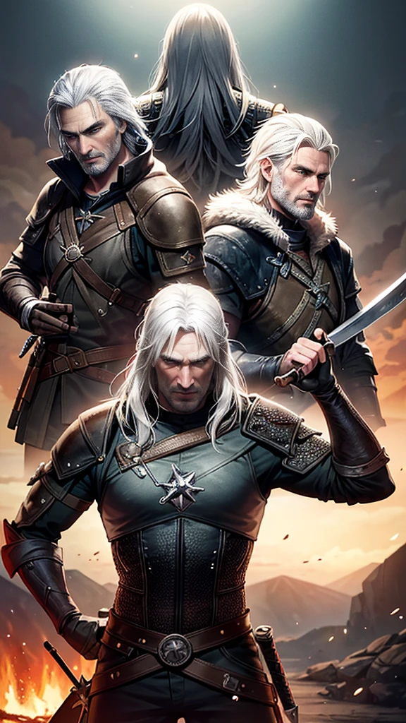 Geralt of Rivia with sword, Crash, Lambert and Vesemir, 4k quality, Wolf School Background, Wolf symbol  