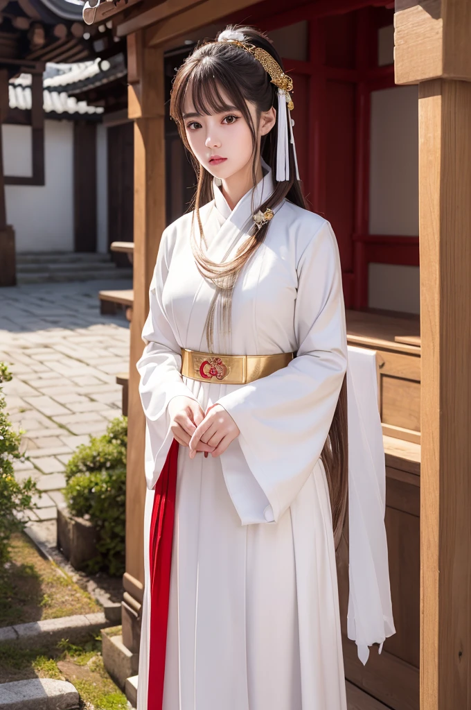 White hunting uniform, red straight lines on white outfit, a shinto shrine maiden, detailed face, detailed eyes, detailed lips, long straight brown hair, gold simple thin hair band, conservative outfit, holding silver scissors, standing in a shrine courtyard, upper body closeup, high quality, digital art, photorealistic, dramatic lighting, cinematic, masterpiece