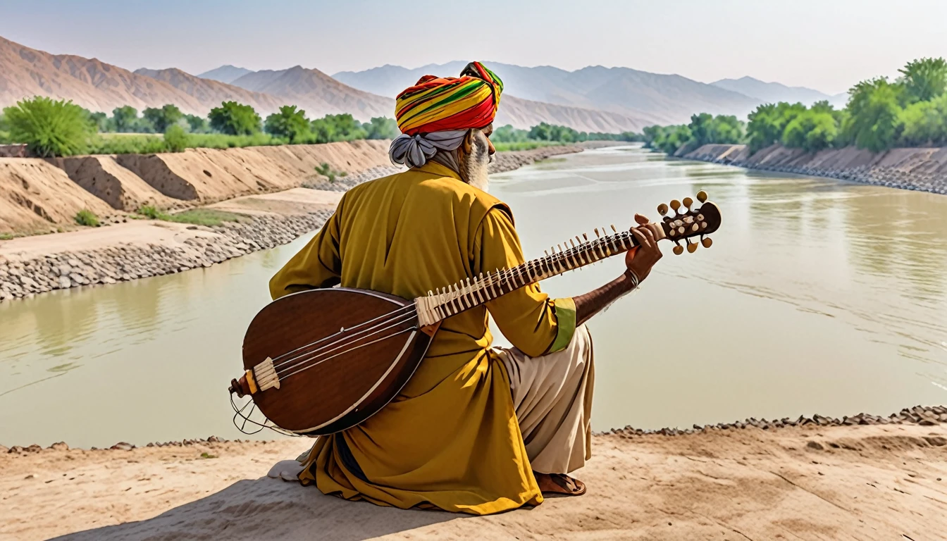 Shield of David,Indian,turbaned,Back view of an old man playing the sitar in the distance,On the banks of the Indus River,The clothes he wears are Rastafarian