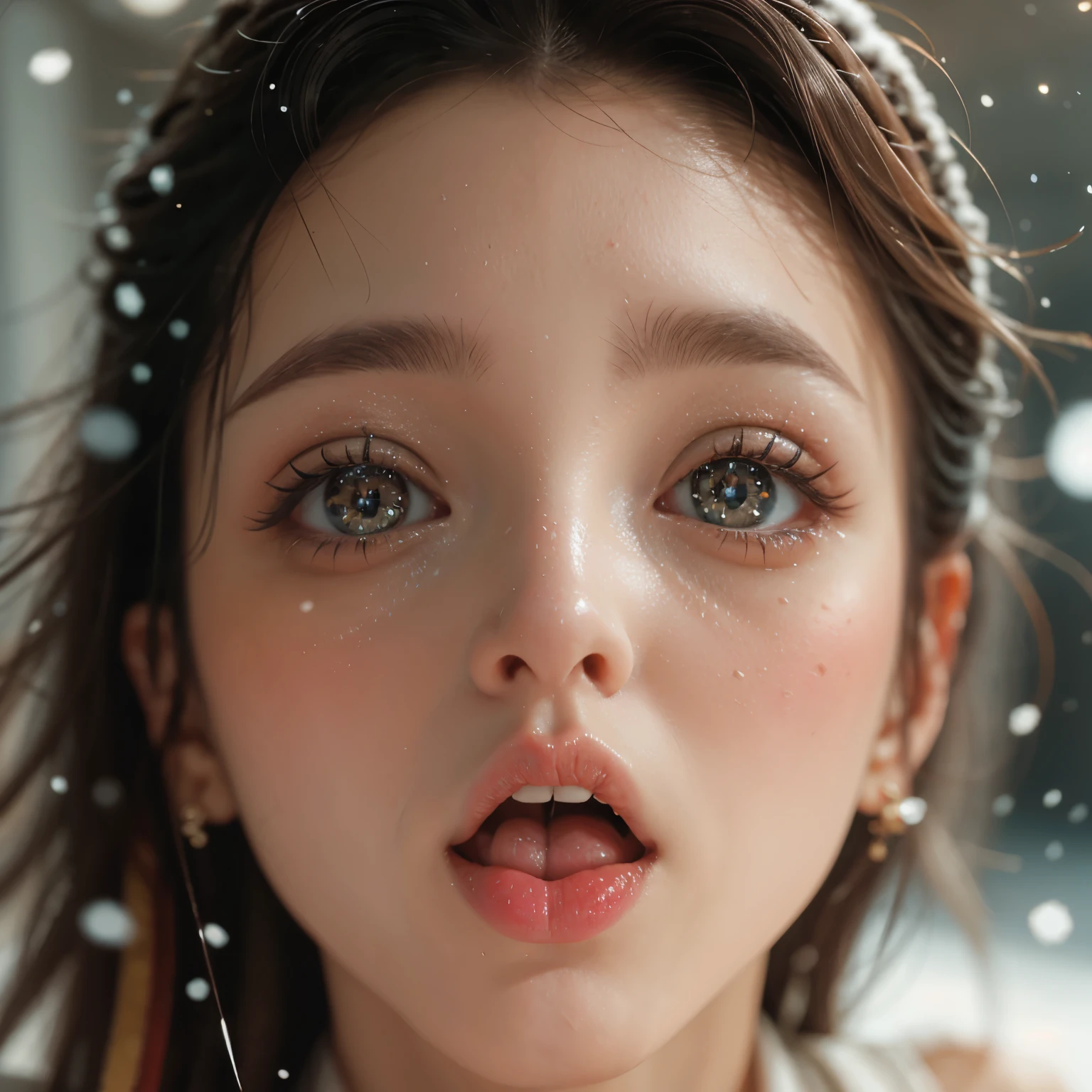 ExtremelyDetailed Kawaii girl Face,(Close-up big lips), glossy lips with beautiful details, Coquettish tongue, Kissing to camera, towards the viewer, 8K TopQuality masterpiece,an extremely delicate and beautiful (ProfessionalPhoto:1.37), Amazing,finely detail,official art,incredibly absurdres,ultra-detailed,close-up shot, close up, (fish eye lens), wide lens, macro lens, Detailed reflective Eyes ElaboratePupils with (sparkling highlights:1.28) (Delicate Voluminous LongEyelashes:0.88), Tilted face (offshoulder Dripping juice on tongue) snow particles