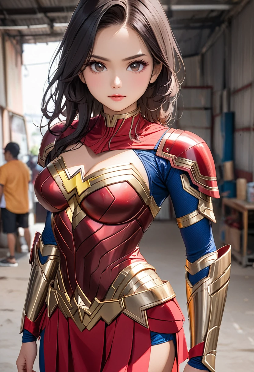 Beautifull Indonesian model, Wearing wonder woman and captain marvel hybrid armor, standing, confident pose